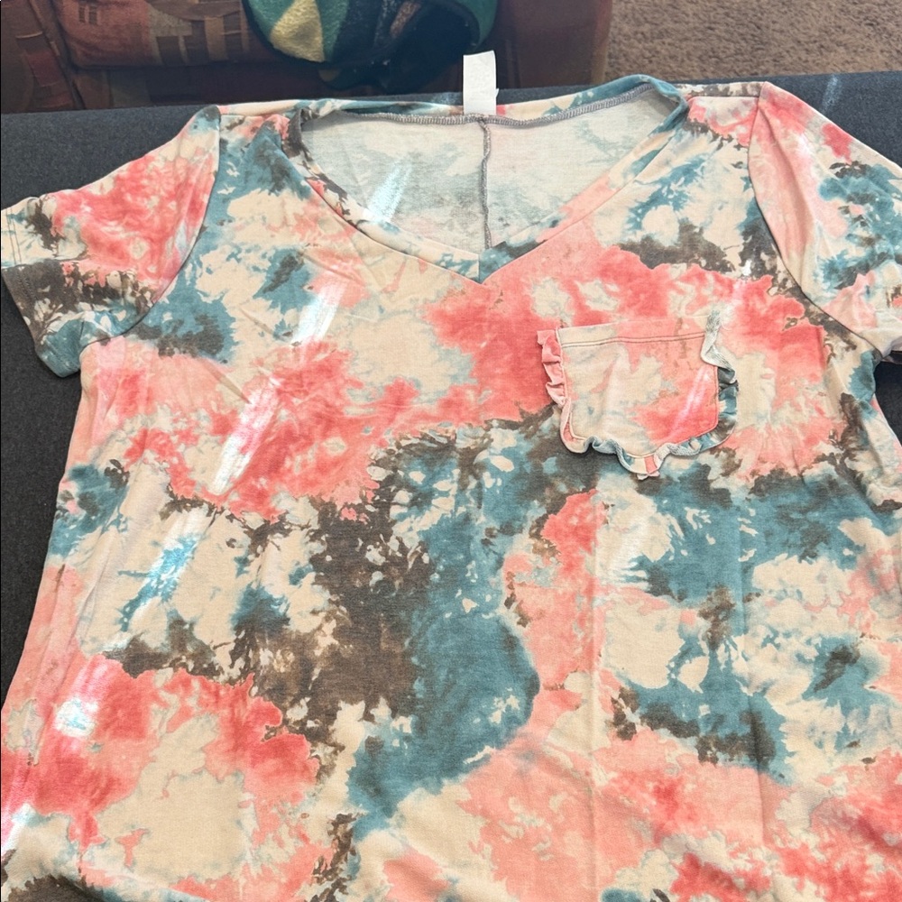 Sew In Love Coral and Teal Tie-Dye V-Neck Top 2X